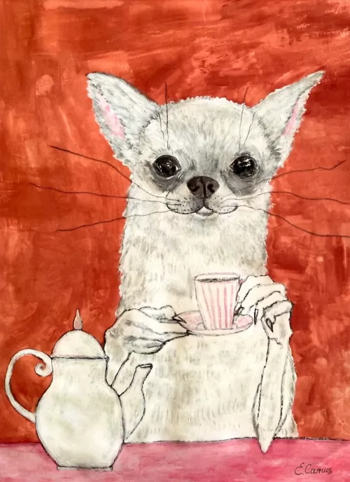 White Chihuahua is having acup of coffee