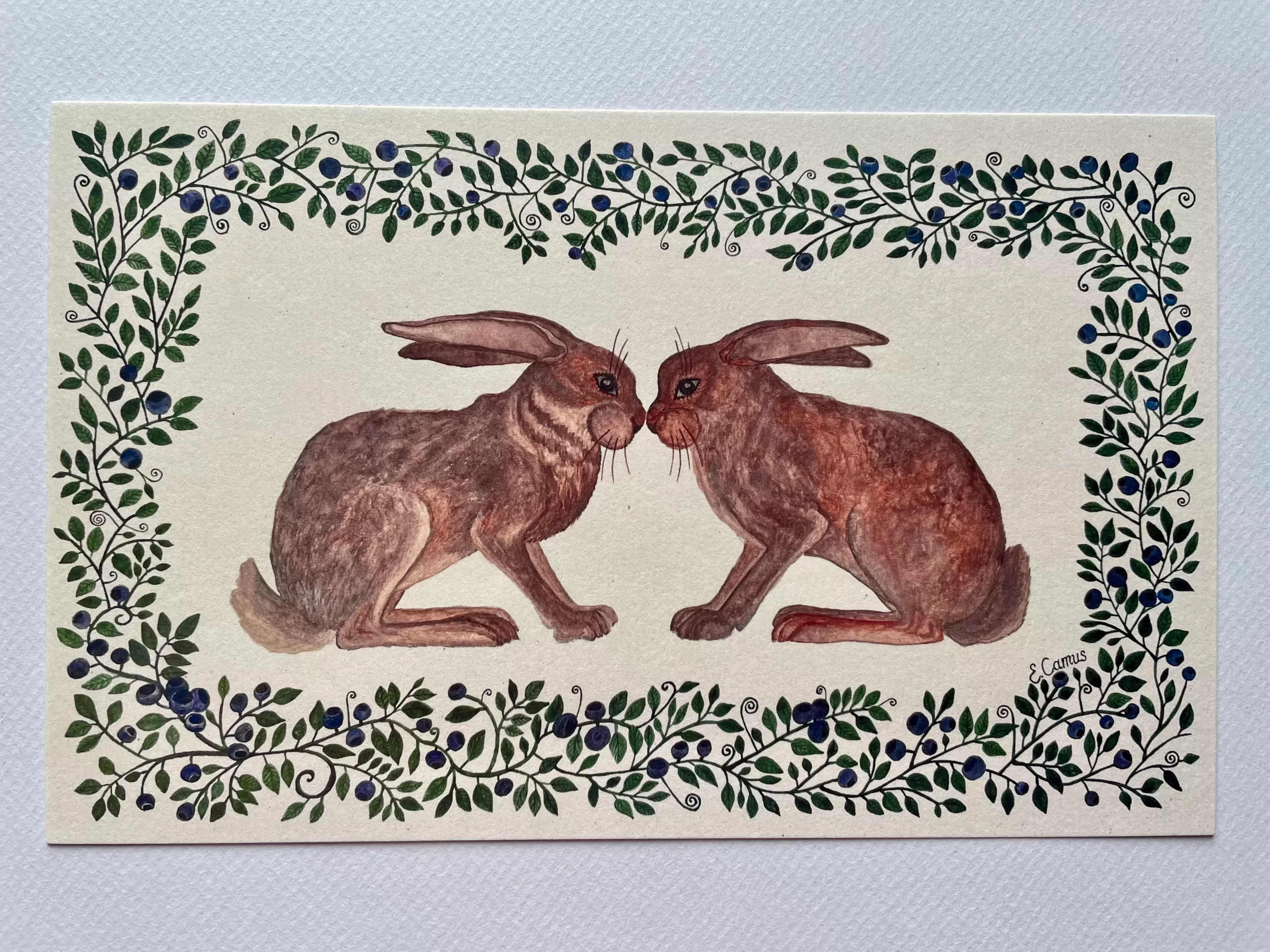 Bunnies and blueberries art print on slightly cream paper