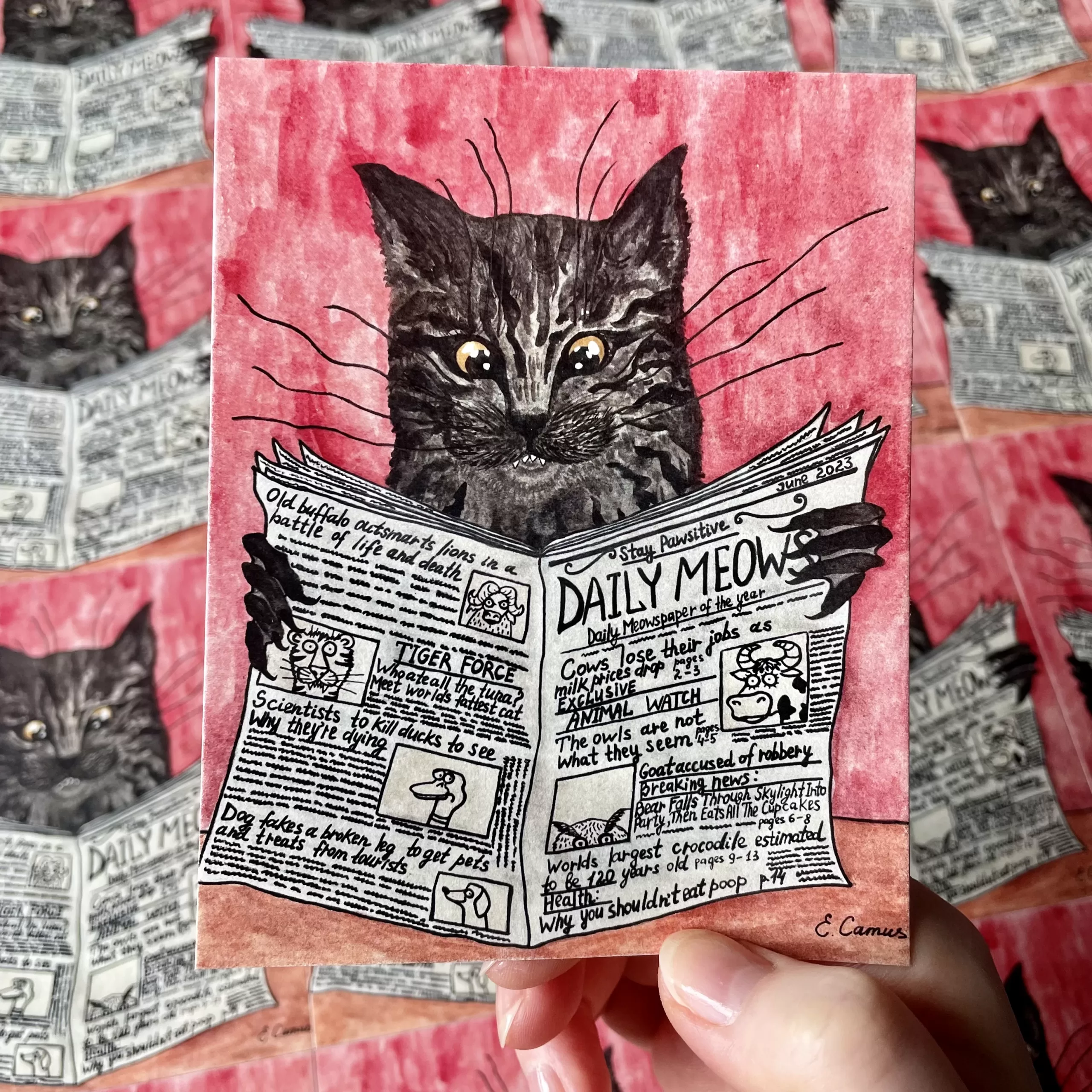 Cat holding a newspaper art print