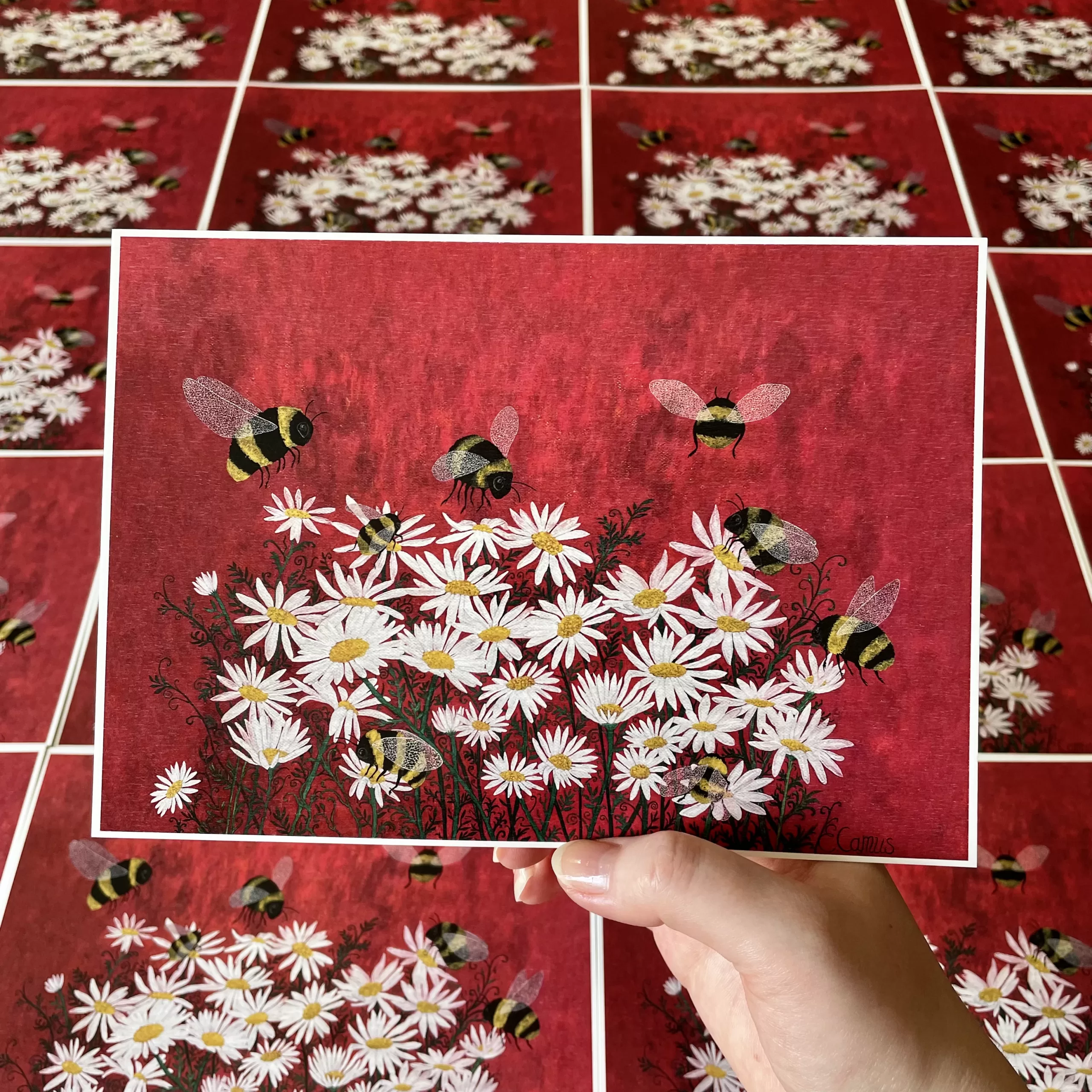 Art print of a gouache painting with bumblebees and daisies