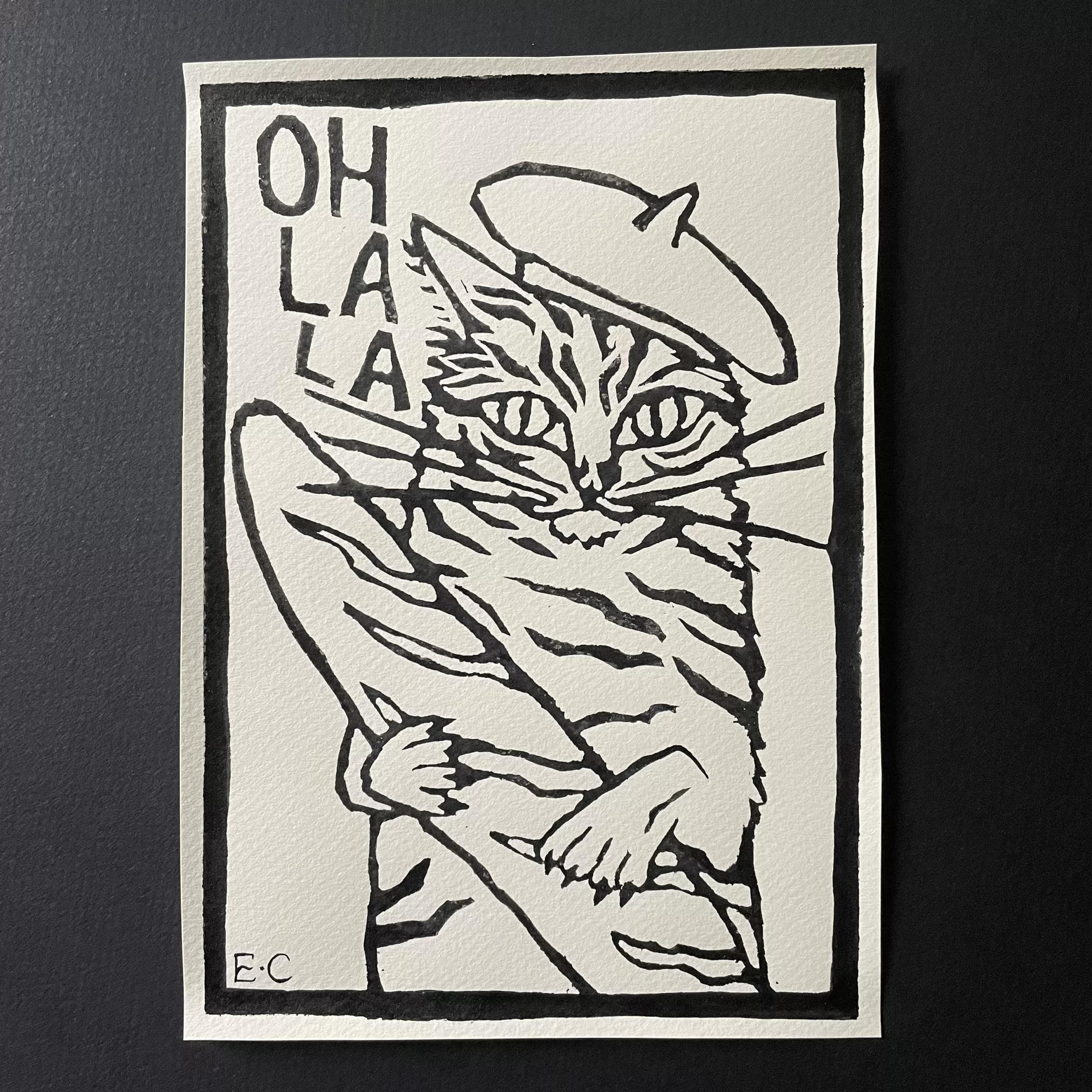 French cat with baguette linocut print