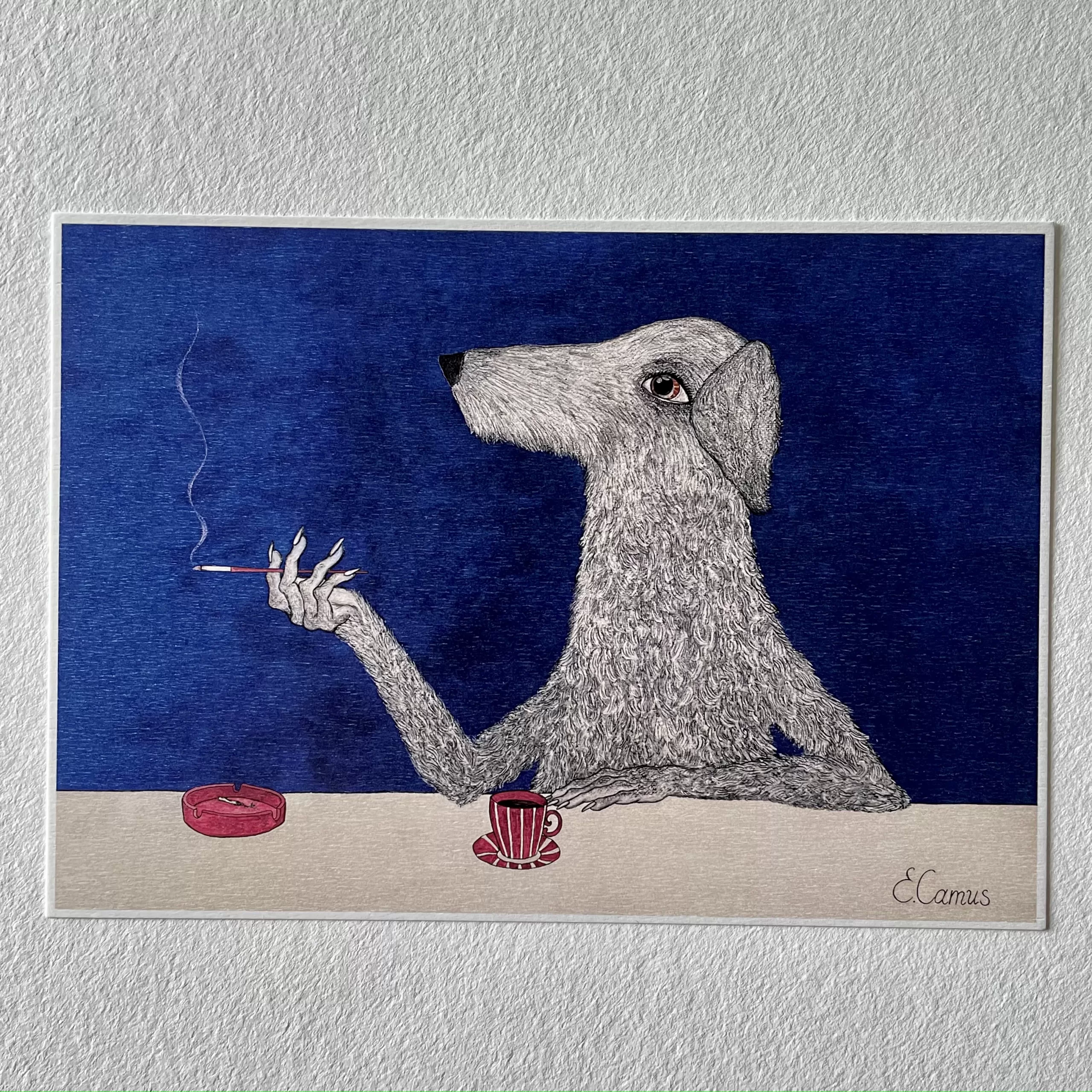 Dog smoking a sigarette and having coffee art print