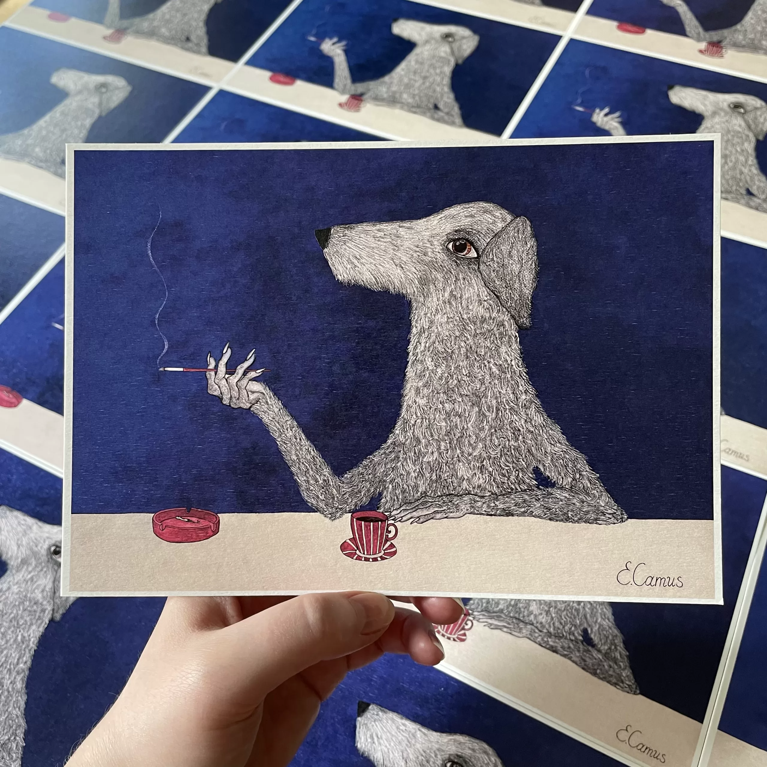art print with a dog smoking a sigarette