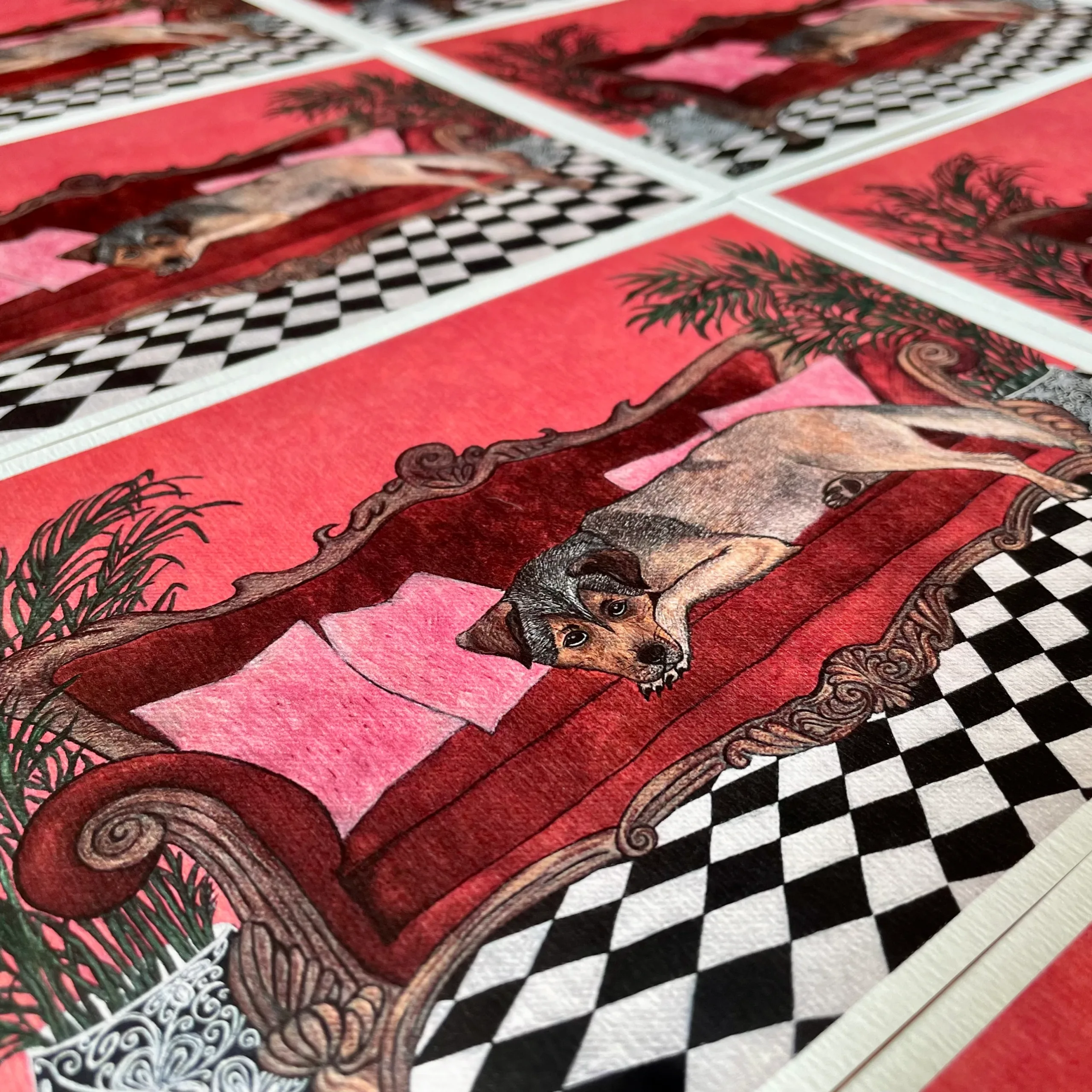 Dog in a living room lying on the sofa art print