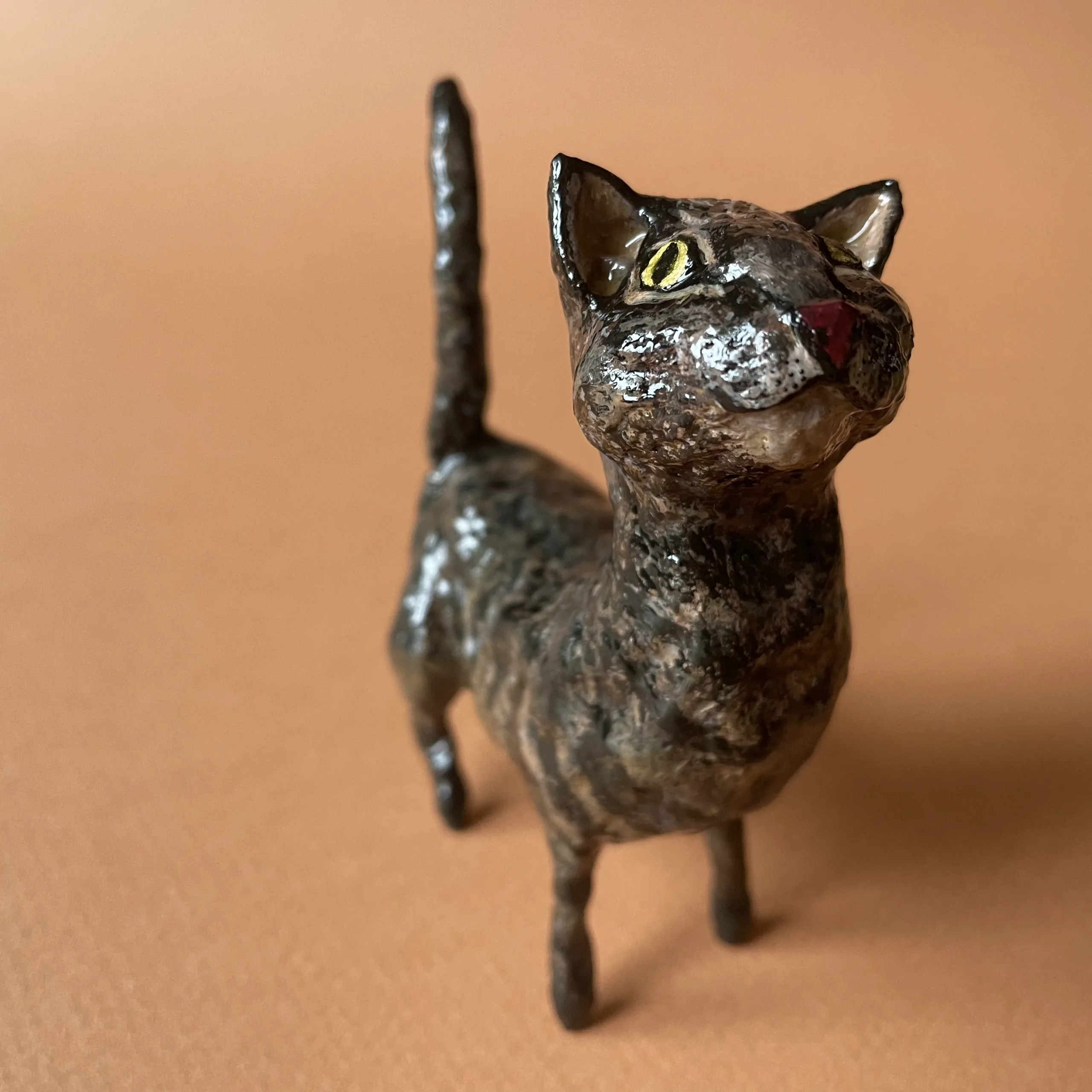 Tabby cat paper mache miniature figurine