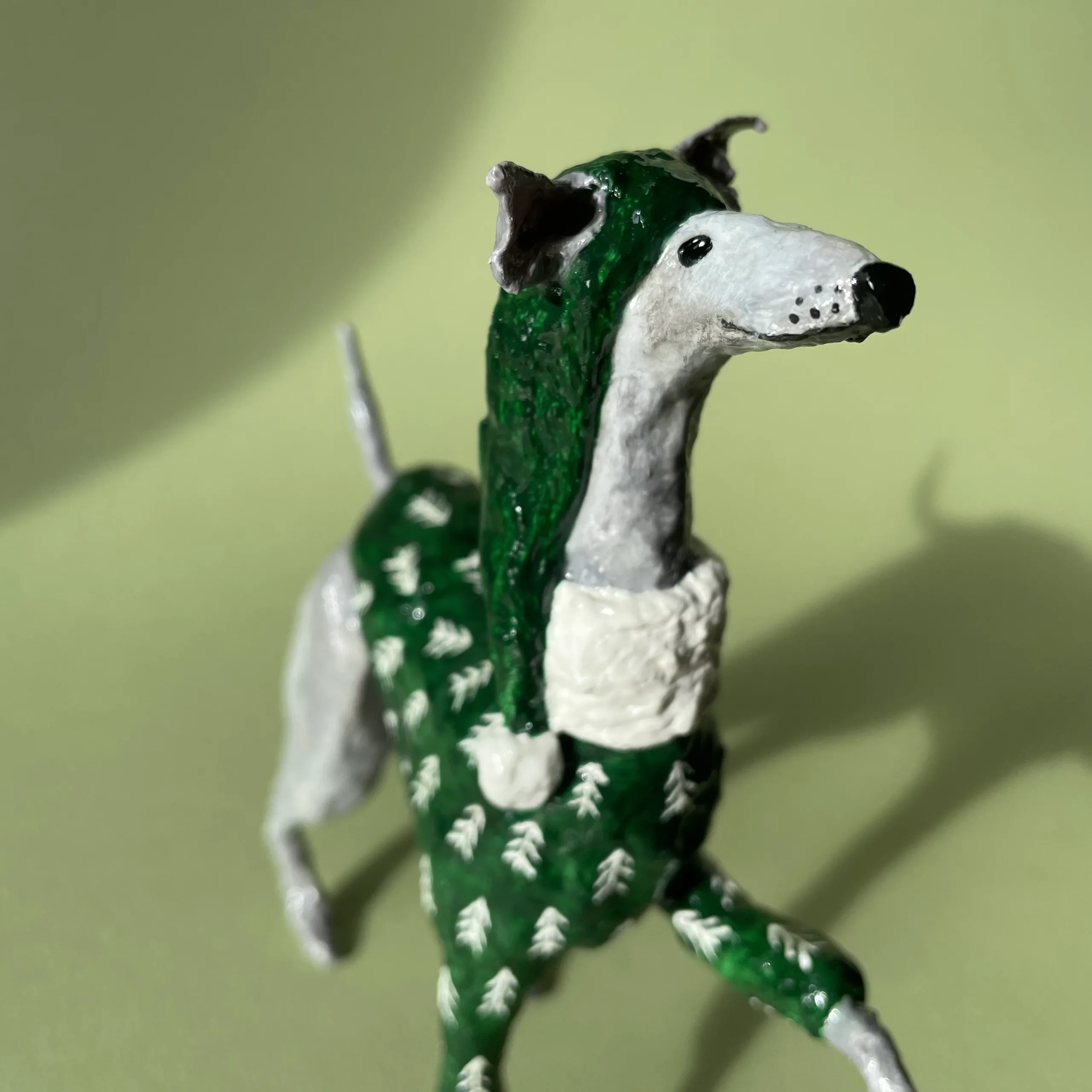 Iggy in green sweater christmas decorative paper mache figurine