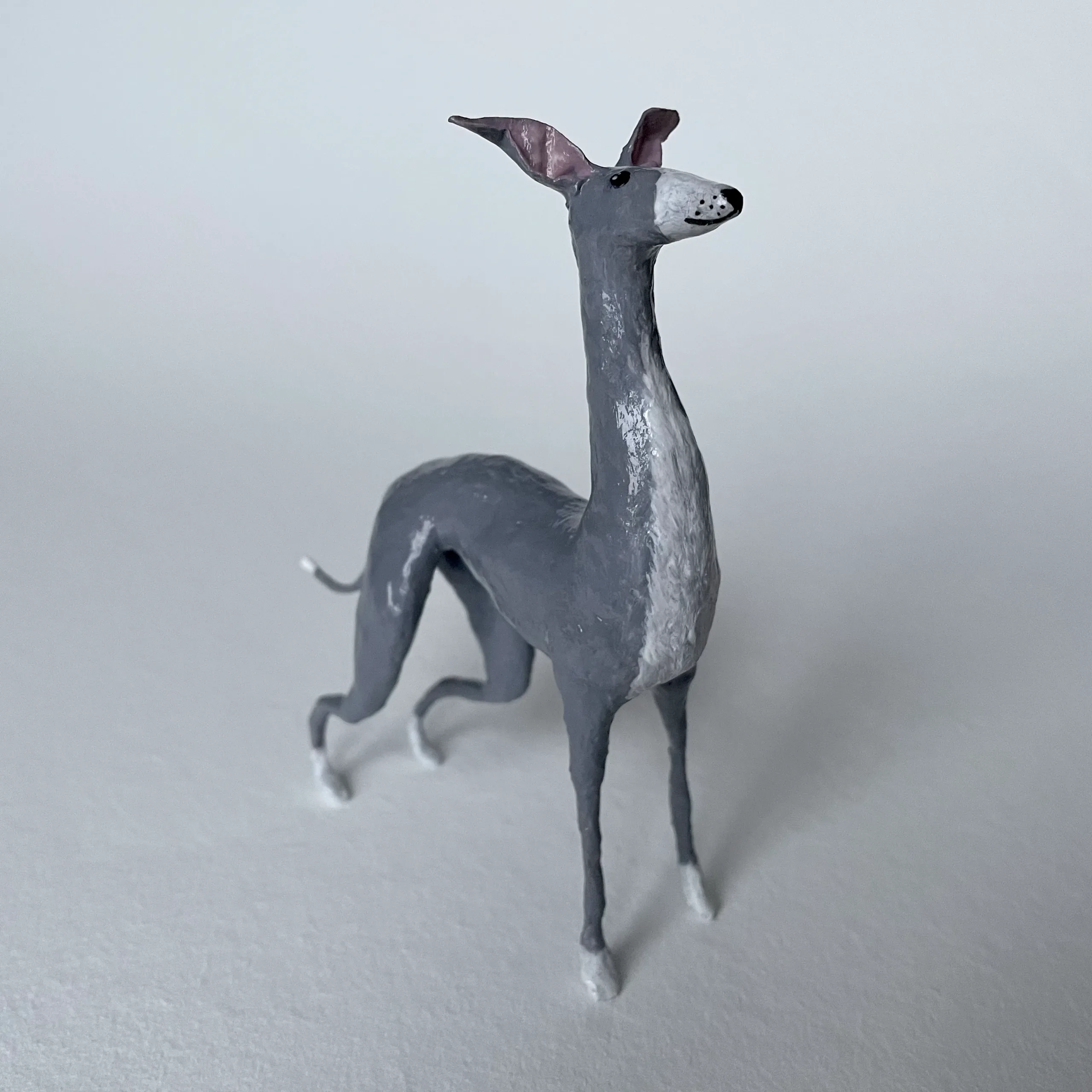 Grey italian greyhound handmade paper mache miniature figurine