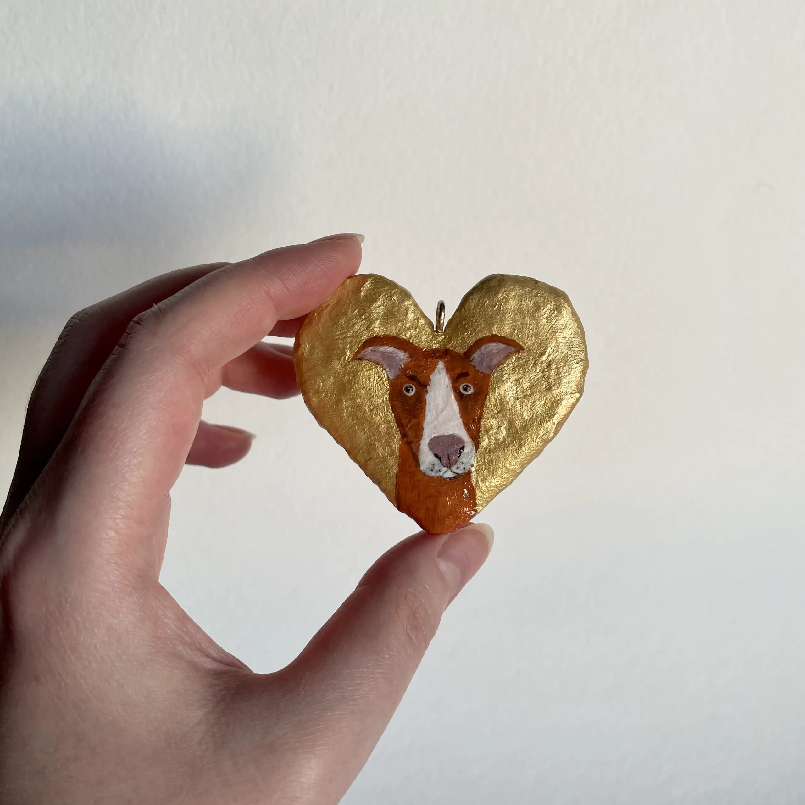 Whippet portrait on paper mache decorative heart