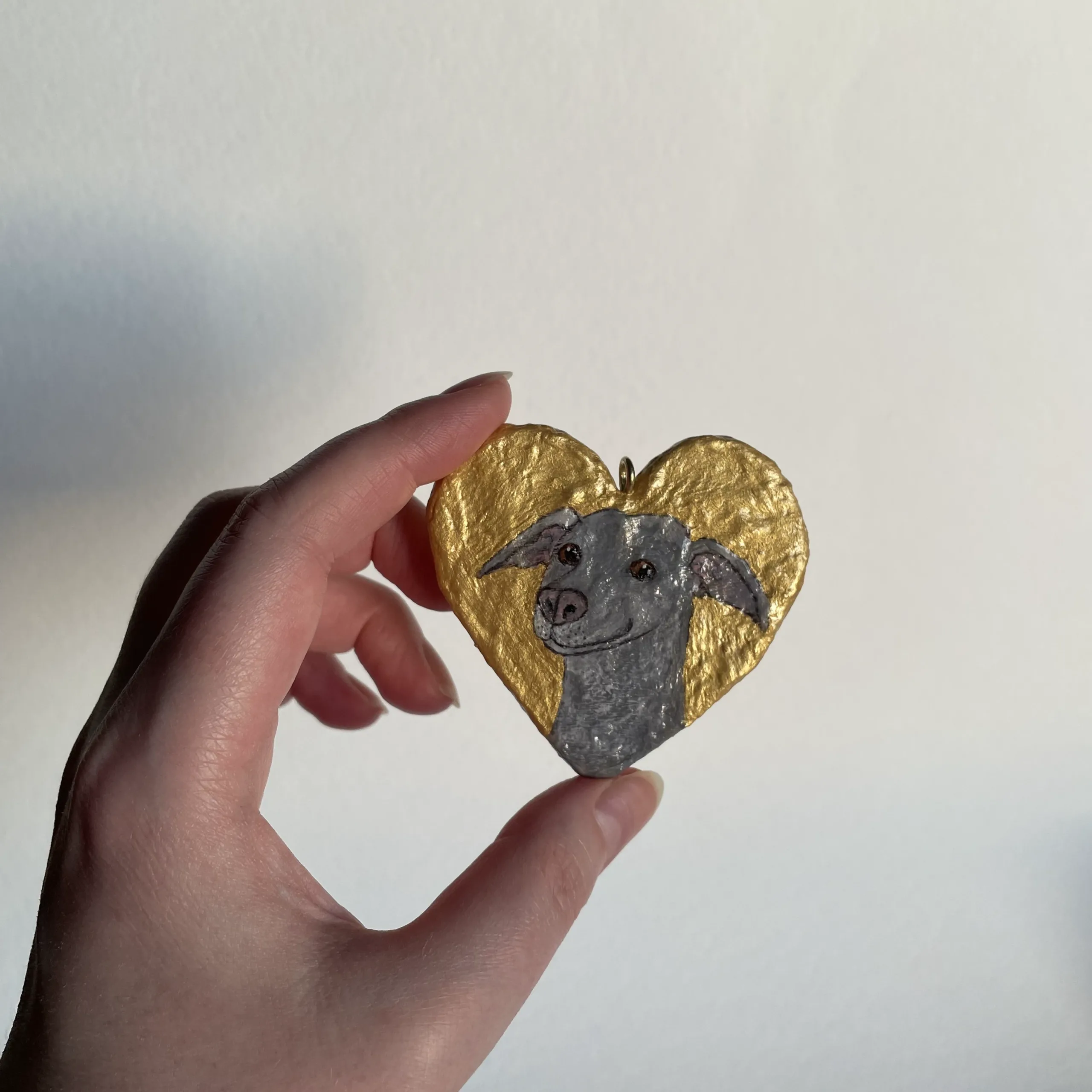 Grey whippet paper mache handmade heart