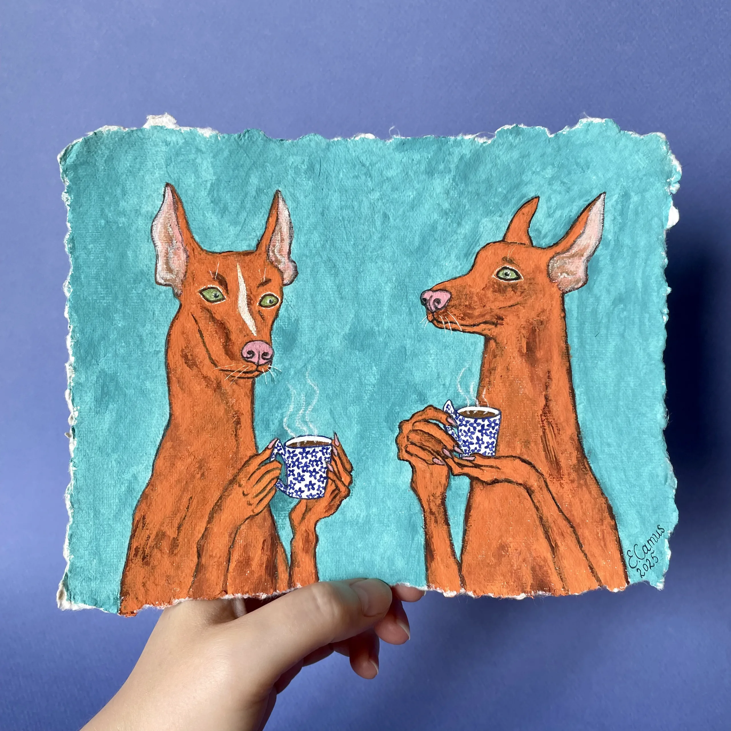 pharaoh hound acrylic painting on handmade cotton paper