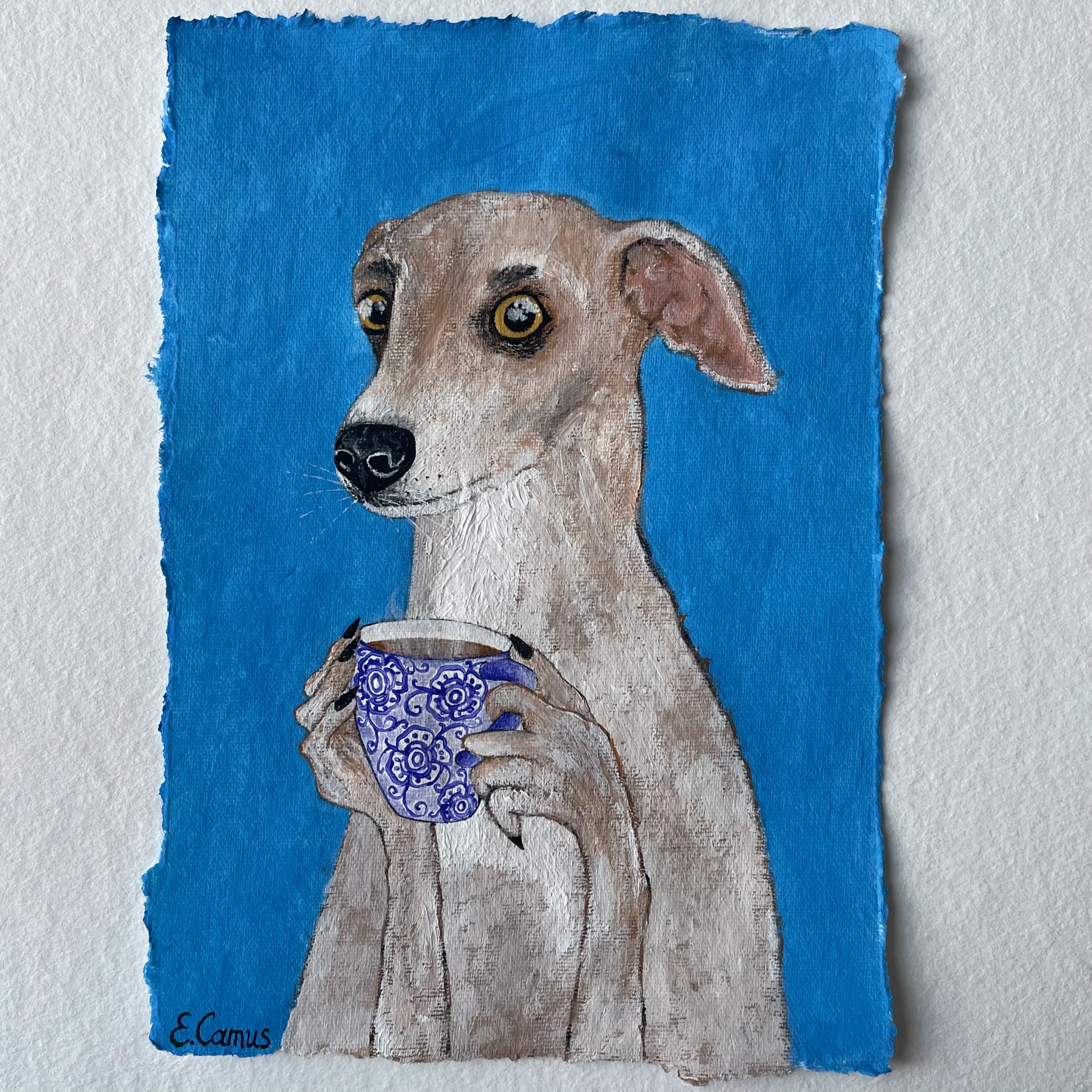 Italian greyhound having a cup of tea original painting