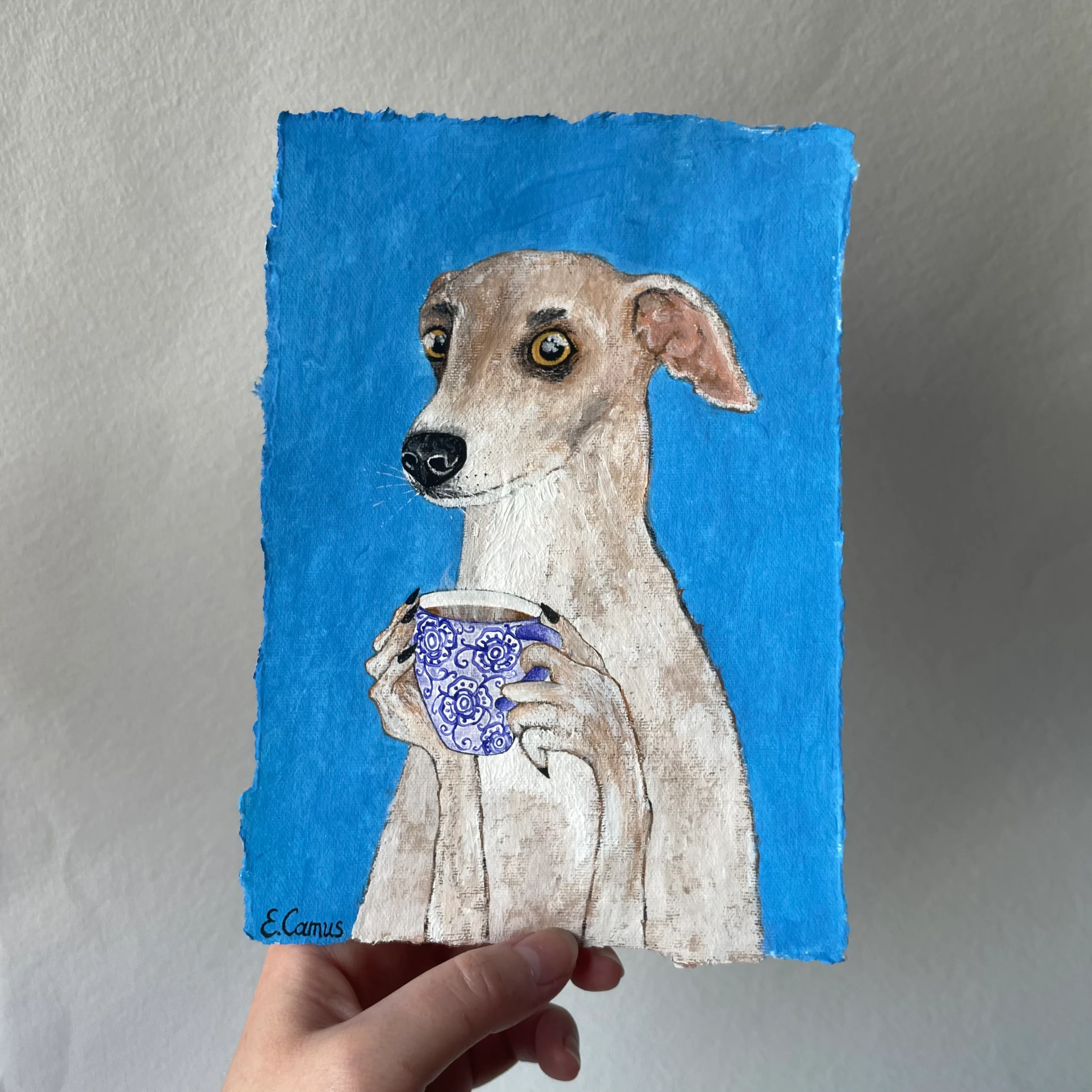 italian greyhound having a cup of tea original painting