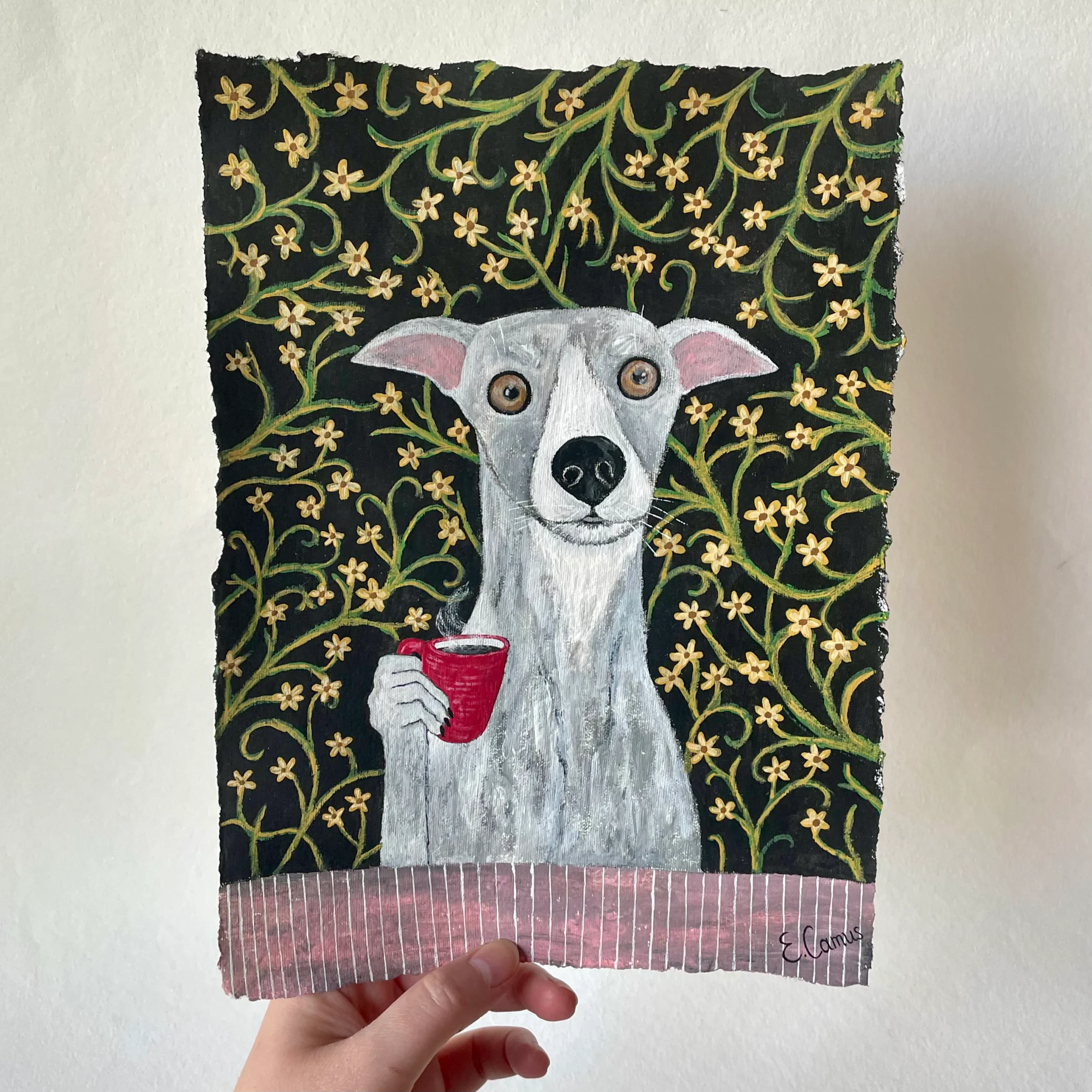 italian greyhound having a cup of coffee original painting