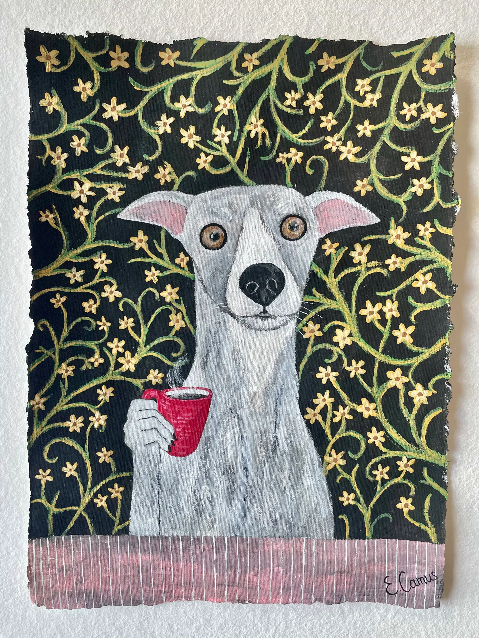 italian greyhound holding a red cup of coffee original painting