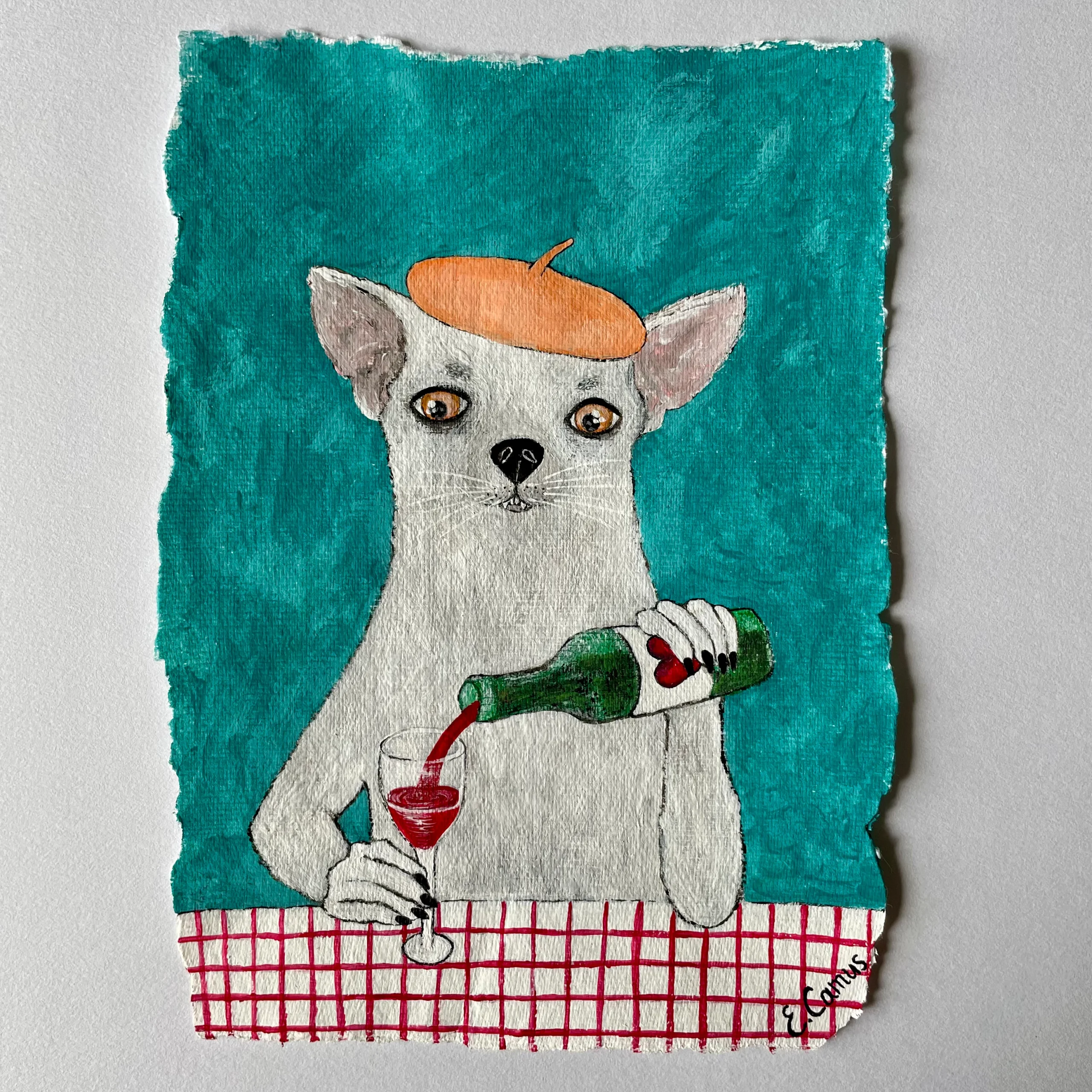 chihuahua having a glass of red wine original painting