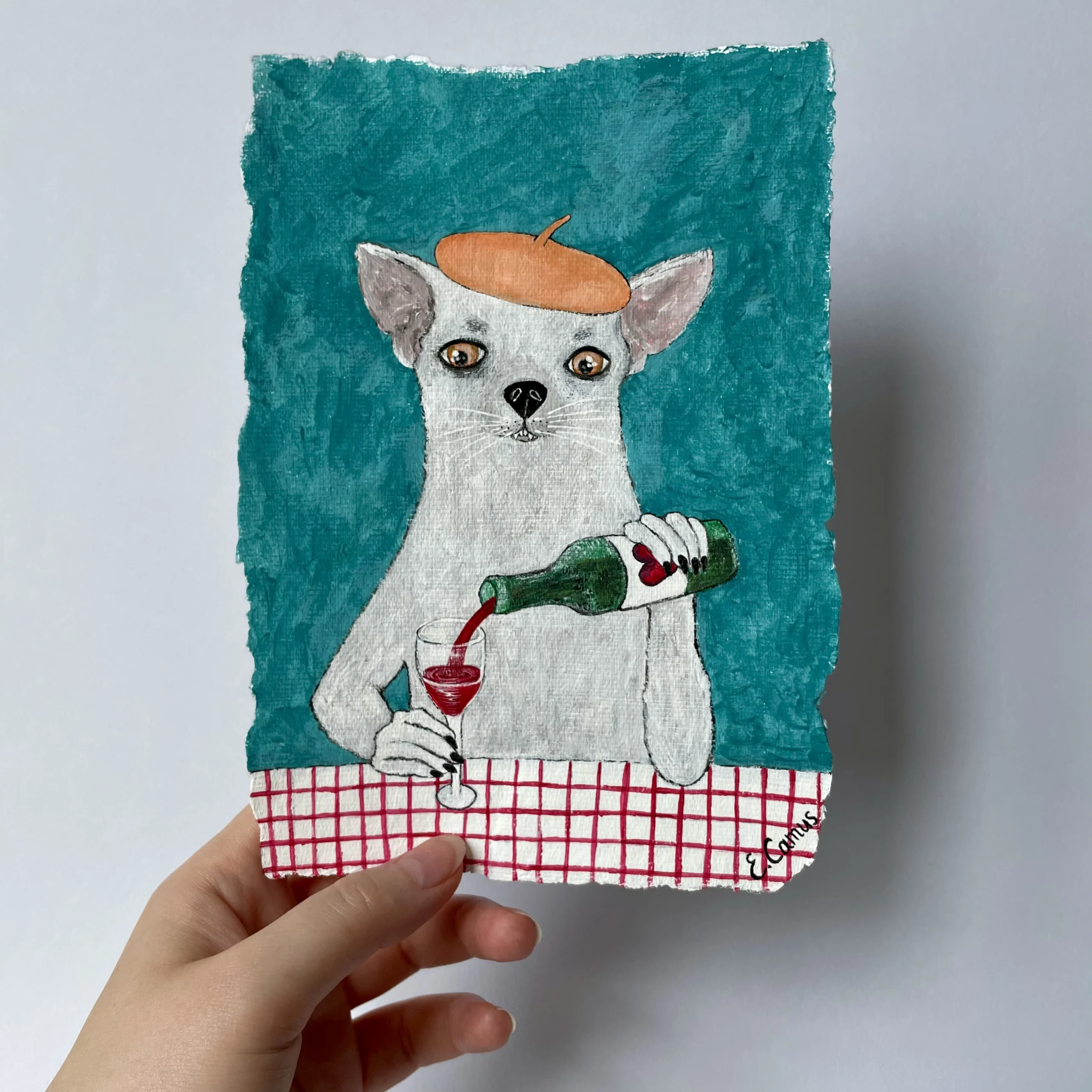 chihuahua having a glass of wine original painting