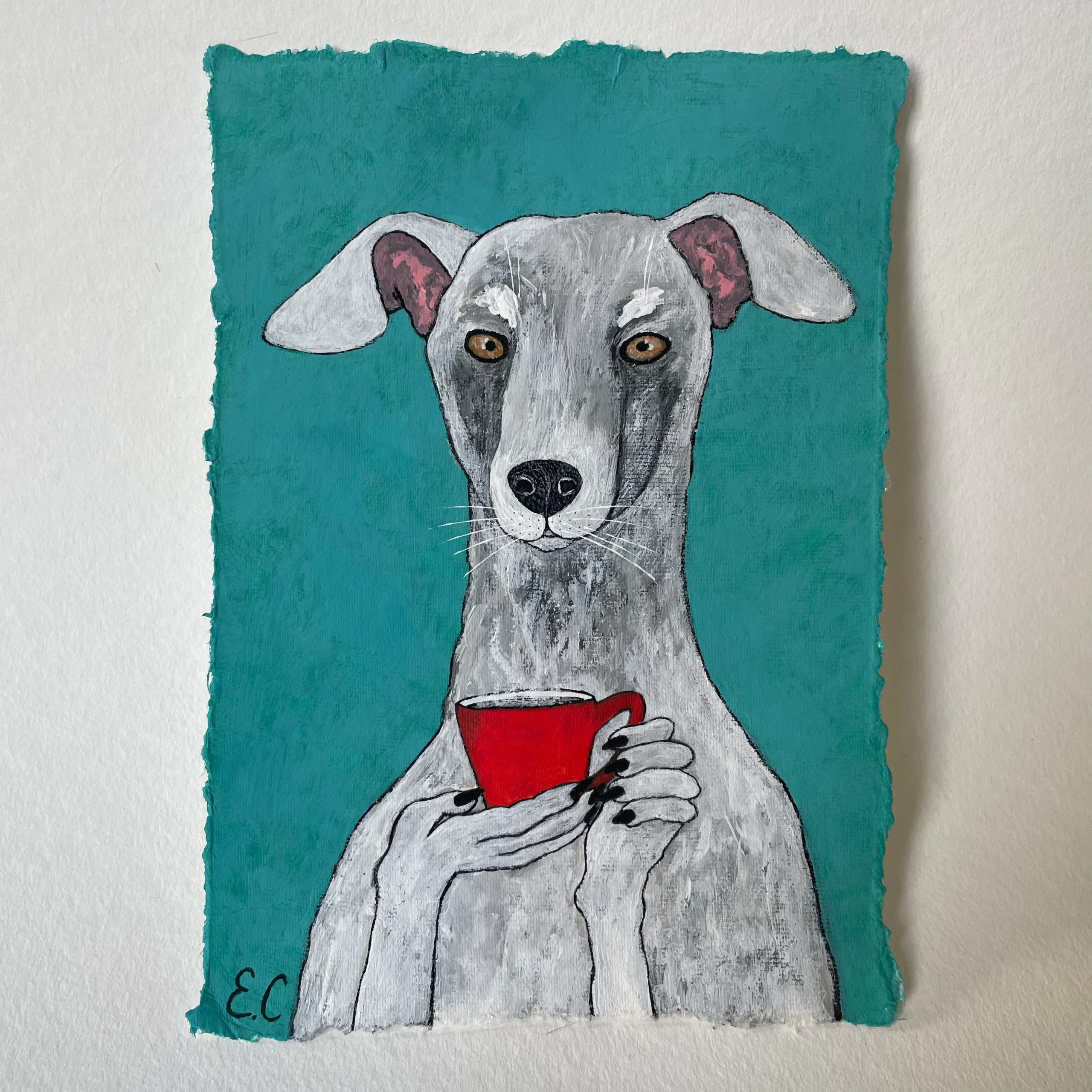 whippet having a cup of coffee original paintingf